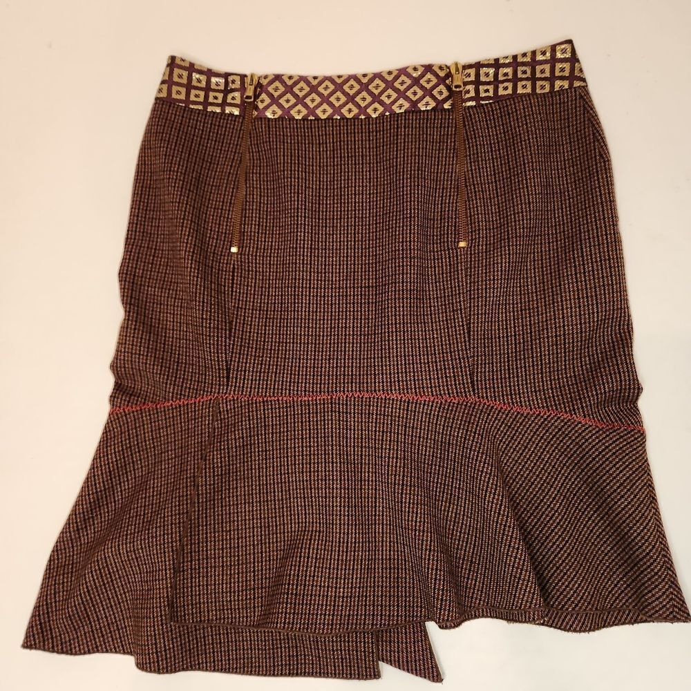 Blumarine Italian Brown Patterned Skirt with Geometric Waistband Size M